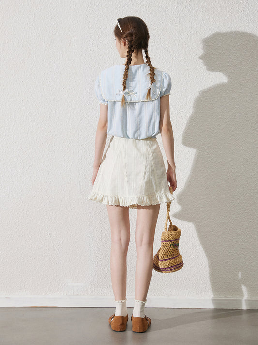 Sailor Collar Jacquard Blouse, Ruffled Hem Skirt