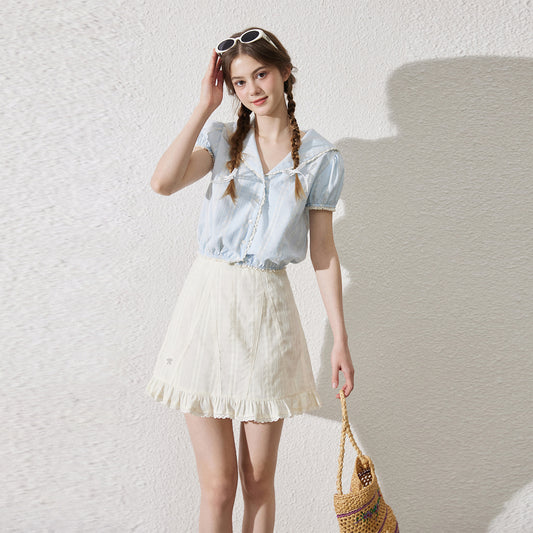 Sailor Collar Jacquard Blouse, Ruffled Hem Skirt
