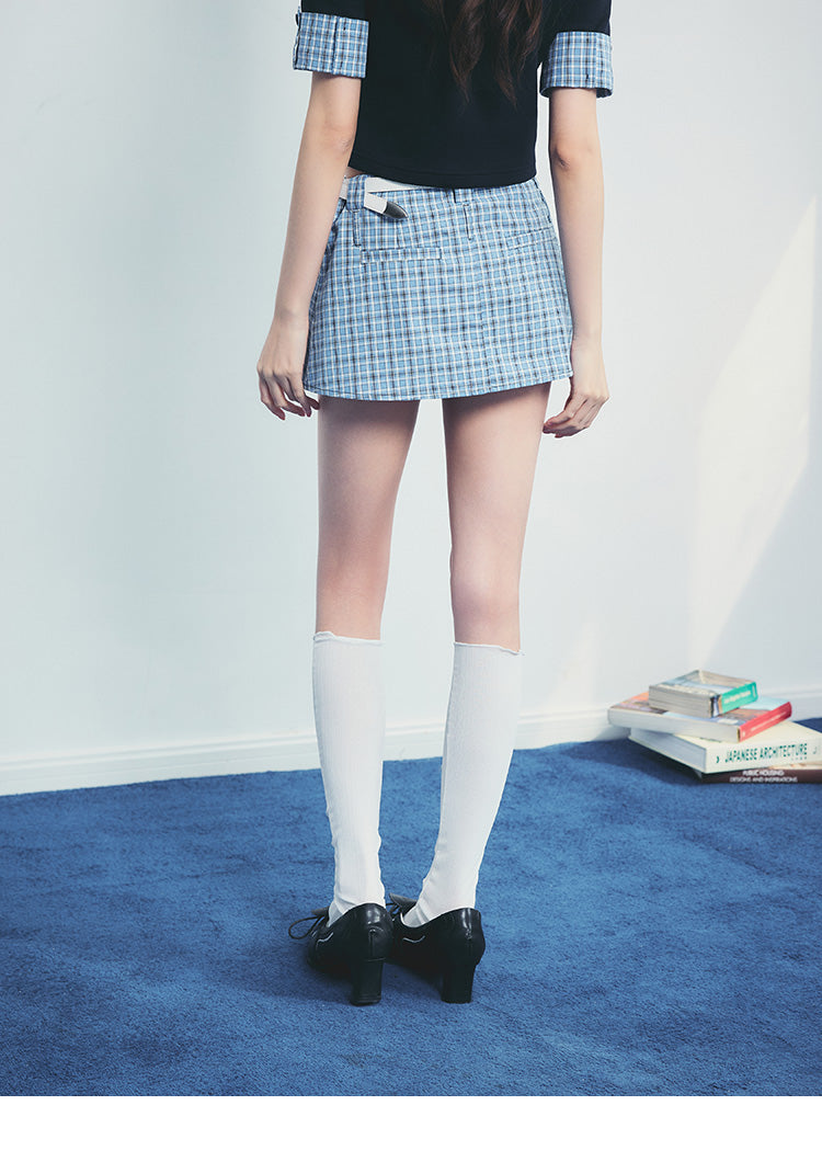 Cuffed-Sleeve Faux Layered Plaid Top And Pleated Skirt