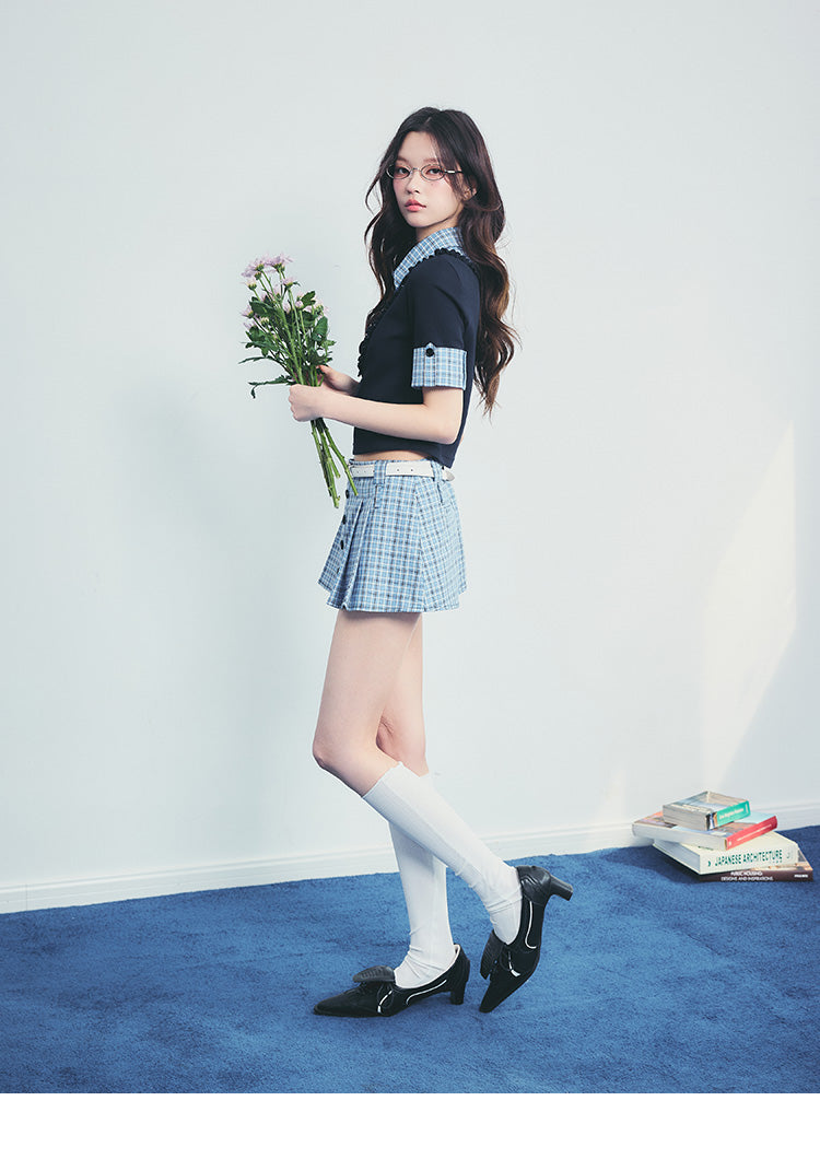 Cuffed-Sleeve Faux Layered Plaid Top And Pleated Skirt