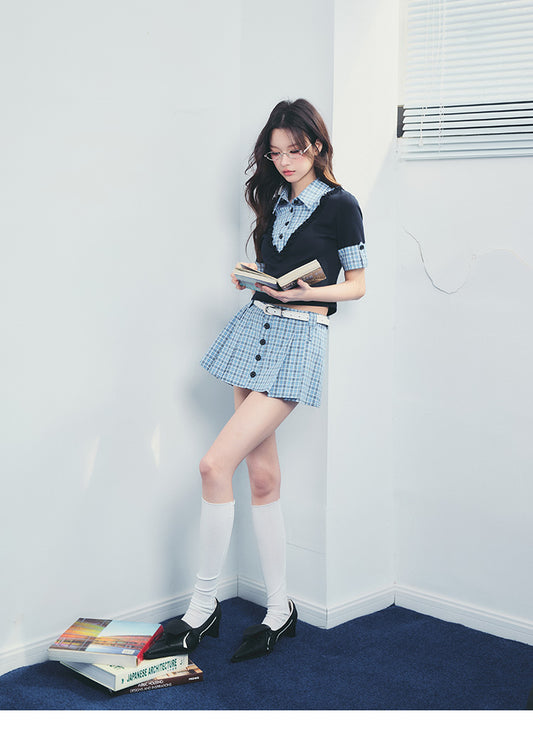 Cuffed-Sleeve Faux Layered Plaid Top And Pleated Skirt