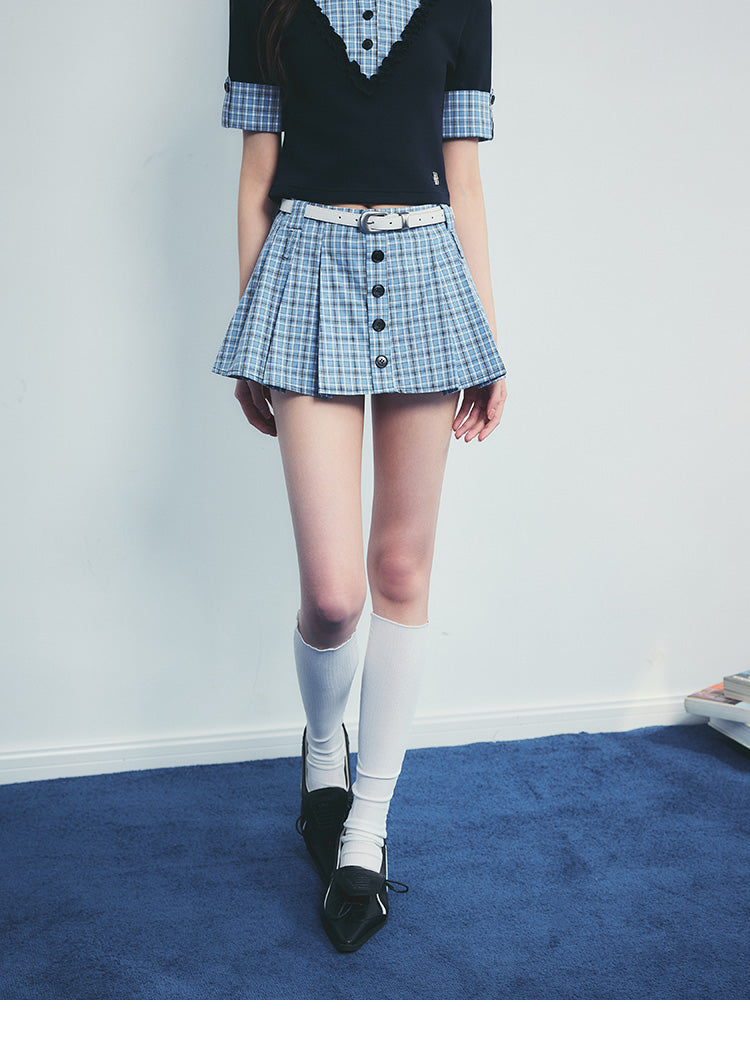 Cuffed-Sleeve Faux Layered Plaid Top And Pleated Skirt