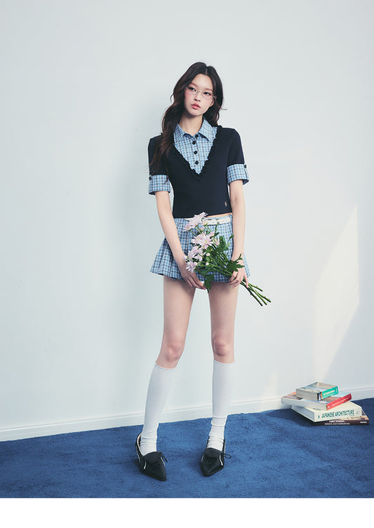 Cuffed-Sleeve Faux Layered Plaid Top And Pleated Skirt