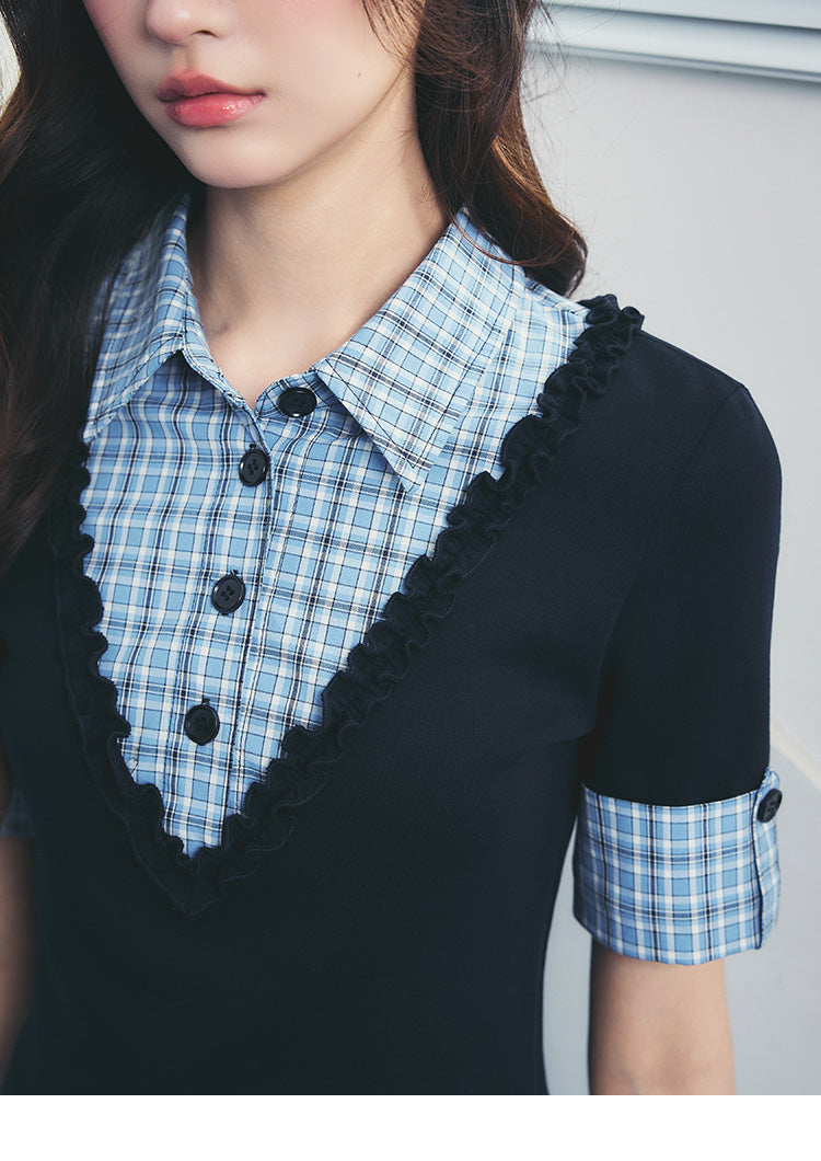 Cuffed-Sleeve Faux Layered Plaid Top And Pleated Skirt