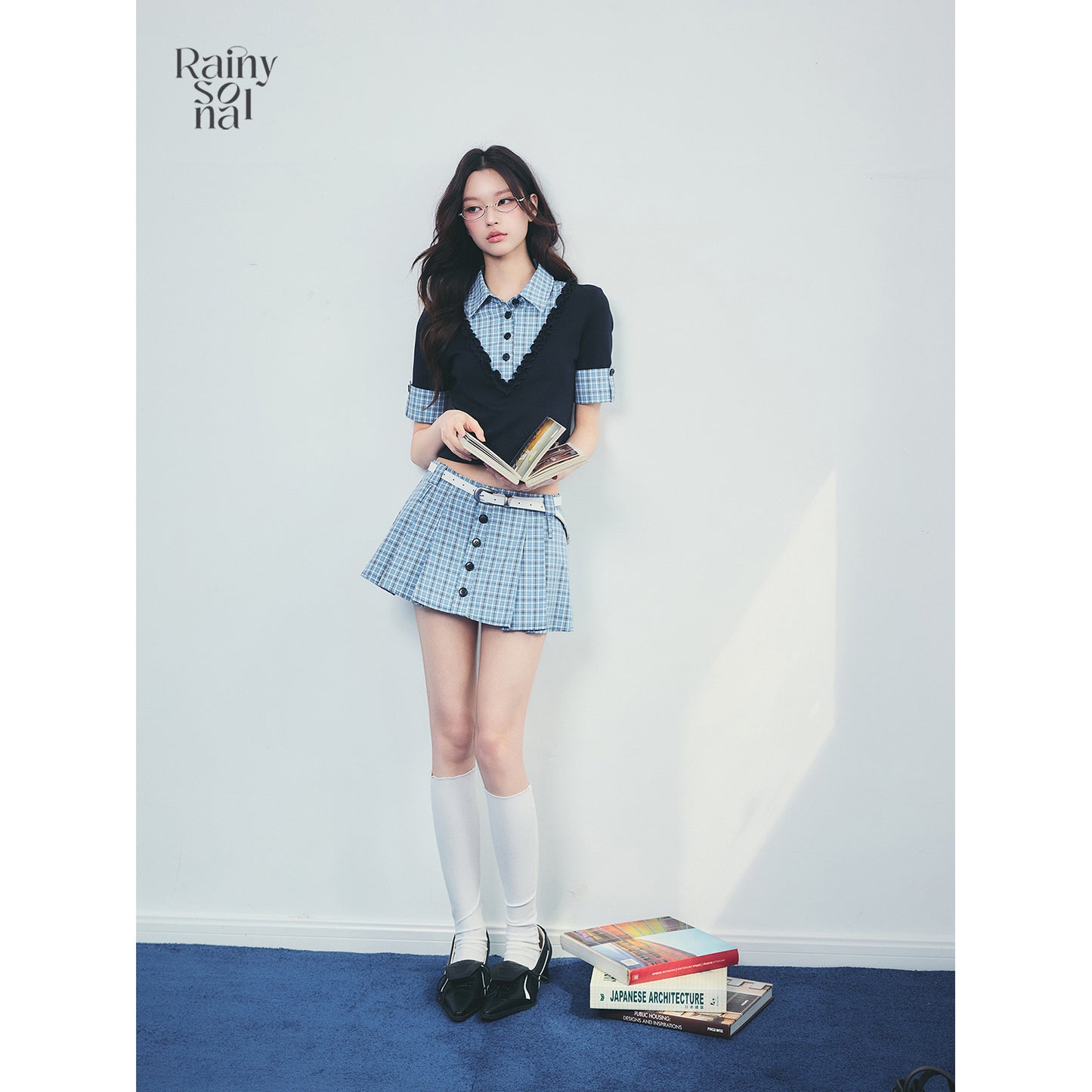 Cuffed-Sleeve Faux Layered Plaid Top And Pleated Skirt