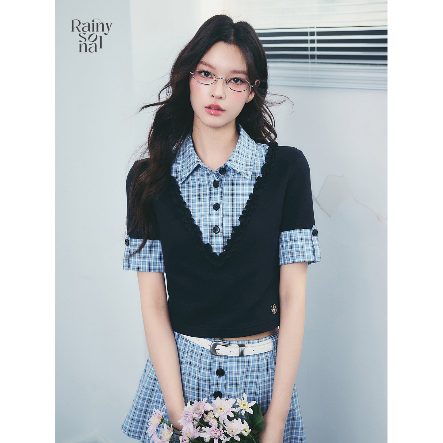 Cuffed-Sleeve Faux Layered Plaid Top And Pleated Skirt