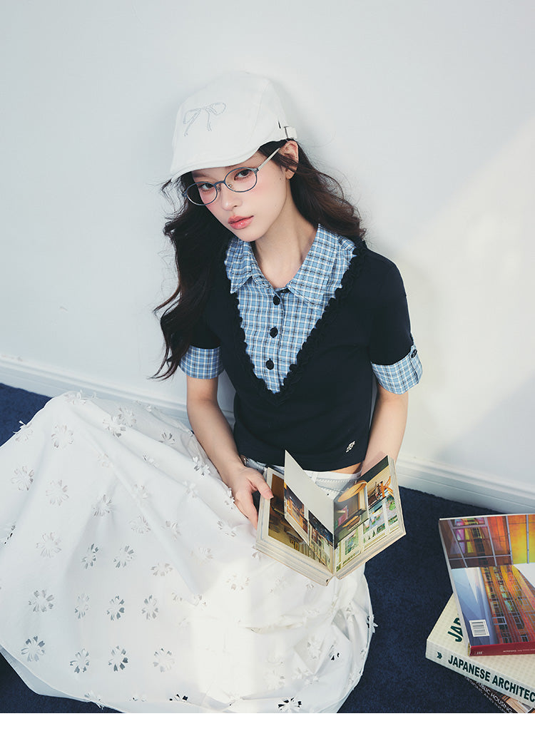 Cuffed-Sleeve Faux Layered Plaid Top And Pleated Skirt