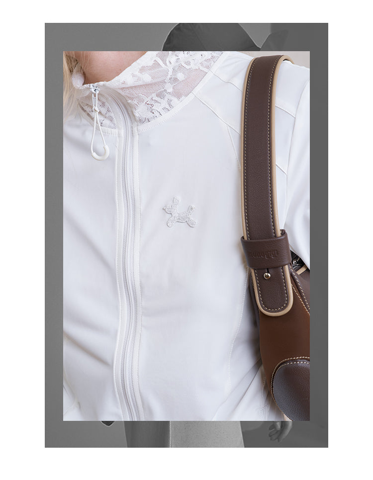 Zip-Up Lace Detail Top With Puppy Embroidery