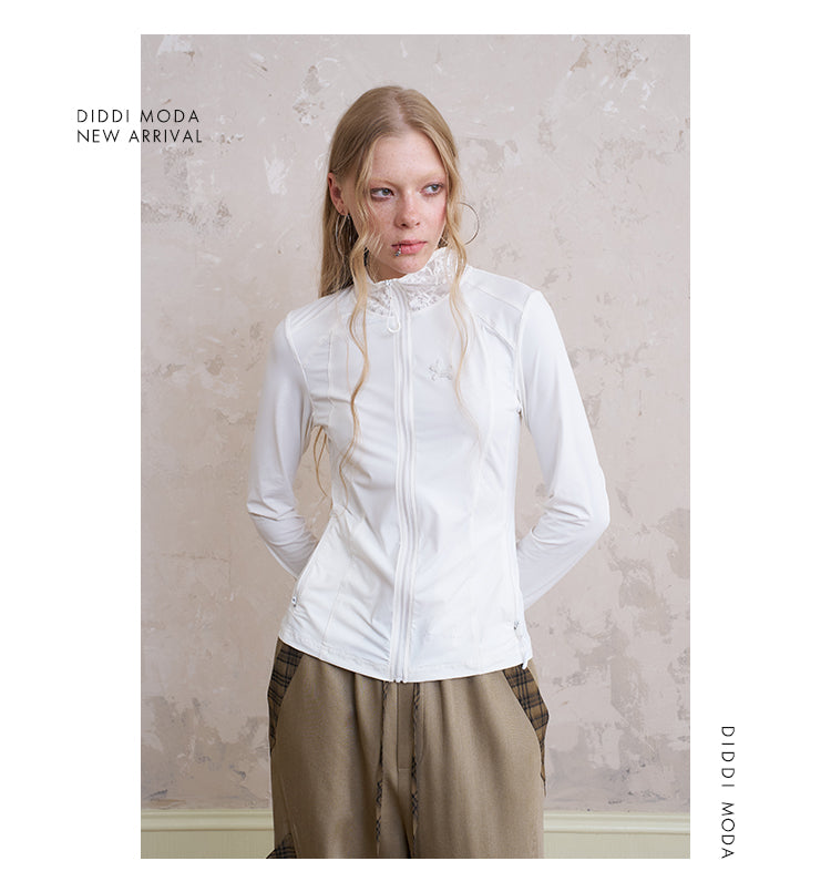 Zip-Up Lace Detail Top With Puppy Embroidery