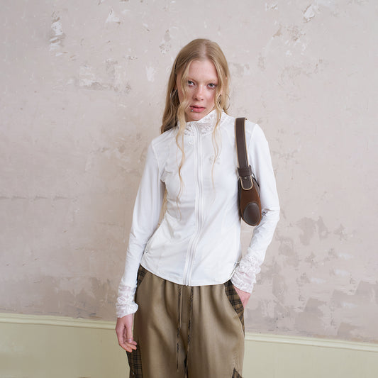 Zip-Up Lace Detail Top With Puppy Embroidery