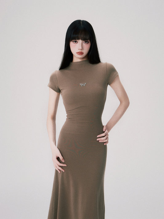 Fitted Mock Neck Maxi Dress With Butterfly Charm