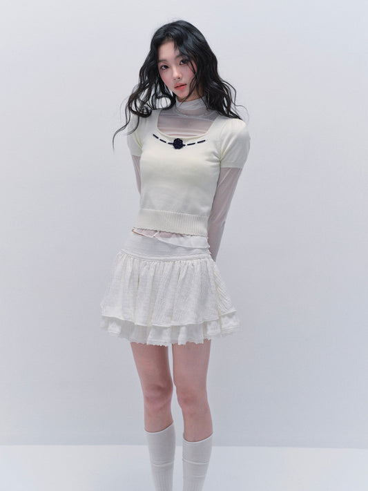 Elastic Square Neck Crochet Flower Knit Top