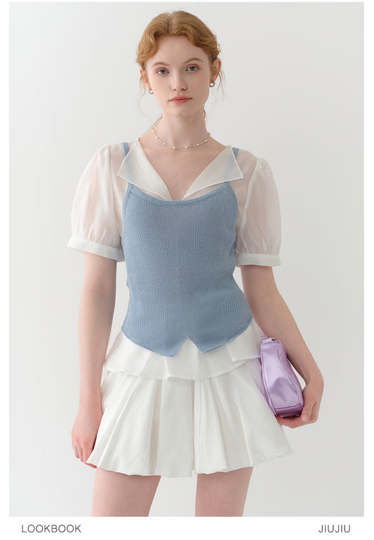 Sheer Puff-Sleeve Blouse With Knit Cami Set