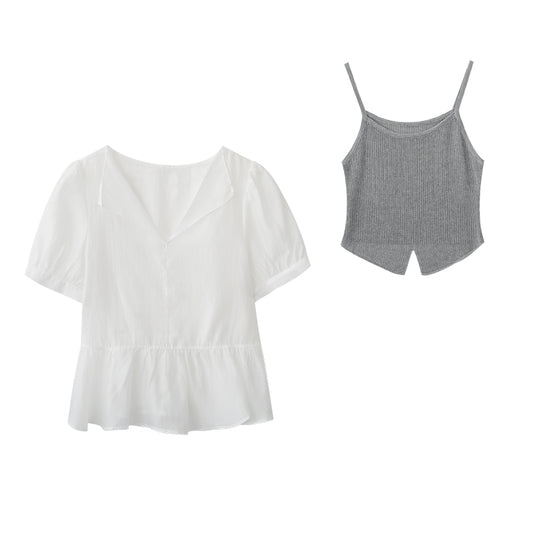 Sheer Puff-Sleeve Blouse With Knit Cami Set