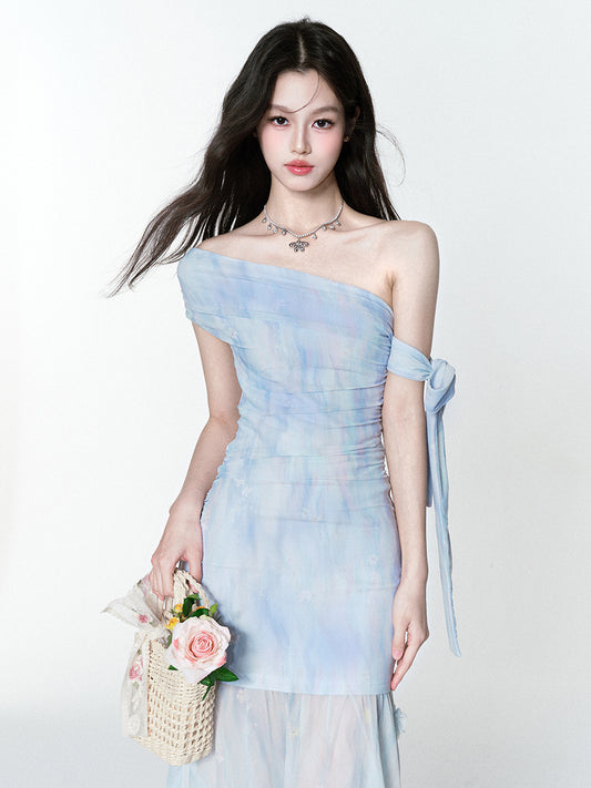 Floral Sheer Off-Shoulder Ruched Dress