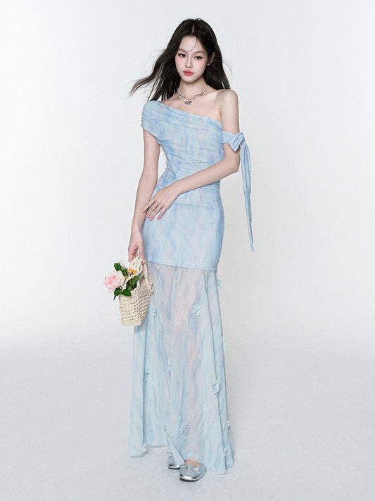 Floral Sheer Off-Shoulder Ruched Dress