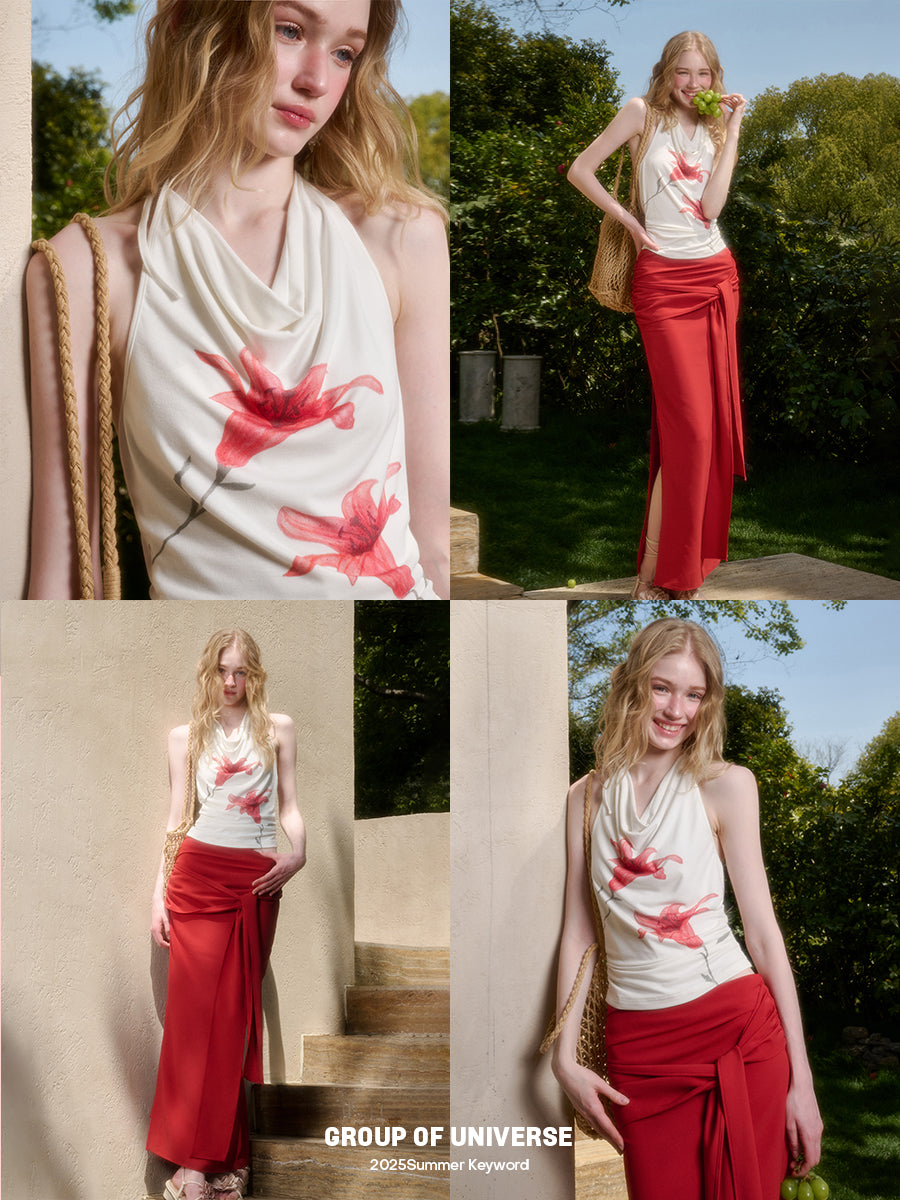 Lily Print Draped Halter Top & Tied Maxi Skirt