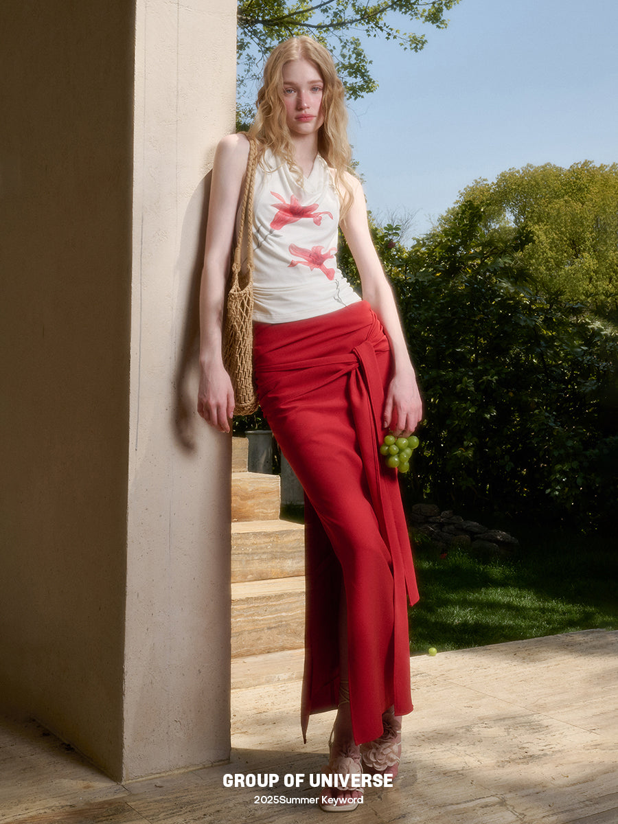 Lily Print Draped Halter Top & Tied Maxi Skirt
