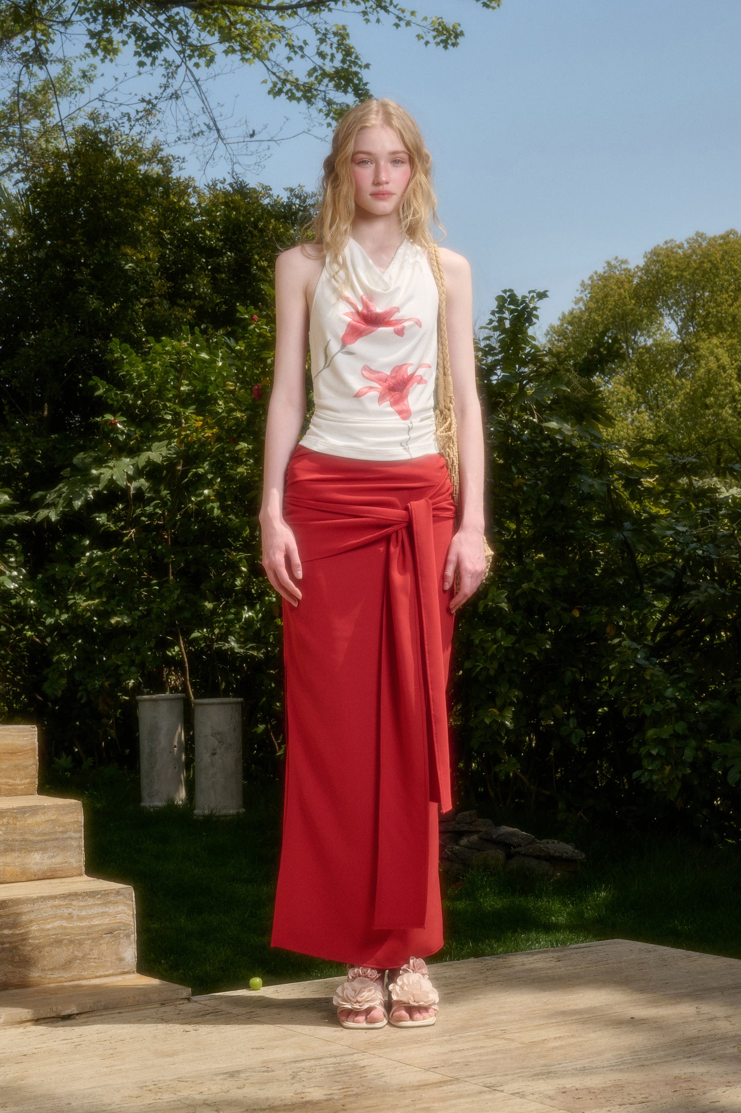 Lily Print Draped Halter Top & Tied Maxi Skirt
