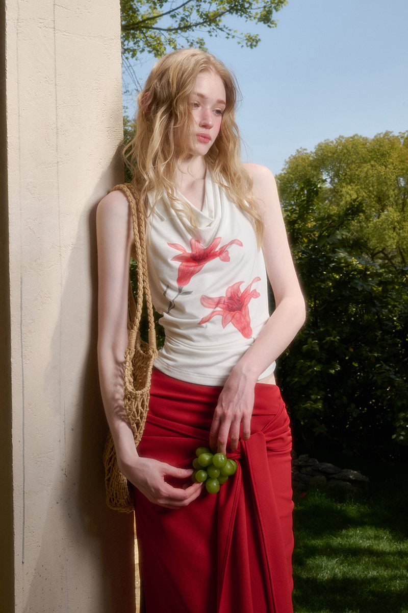 Lily Print Draped Halter Top & Tied Maxi Skirt