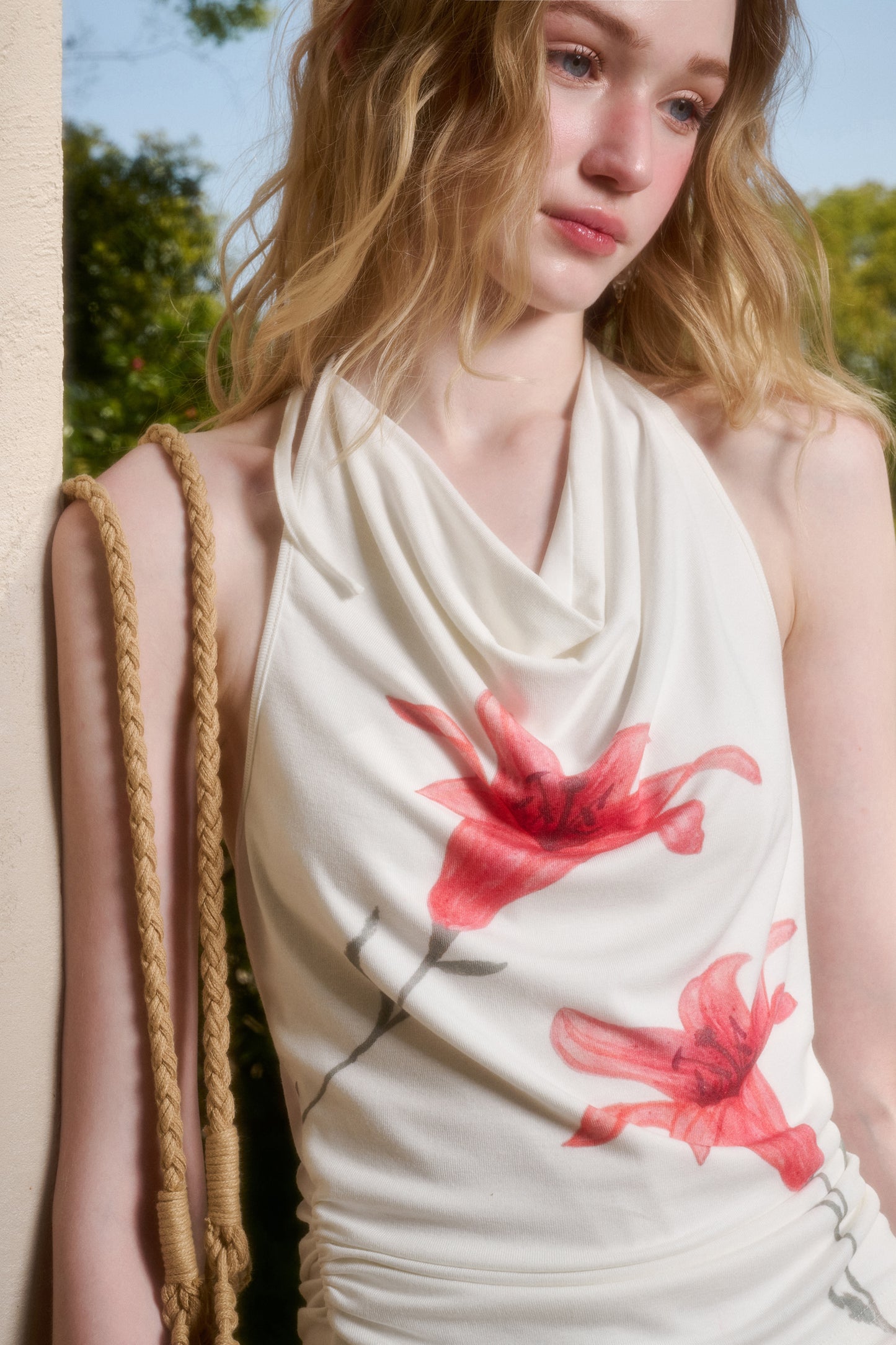 Lily Print Draped Halter Top & Tied Maxi Skirt