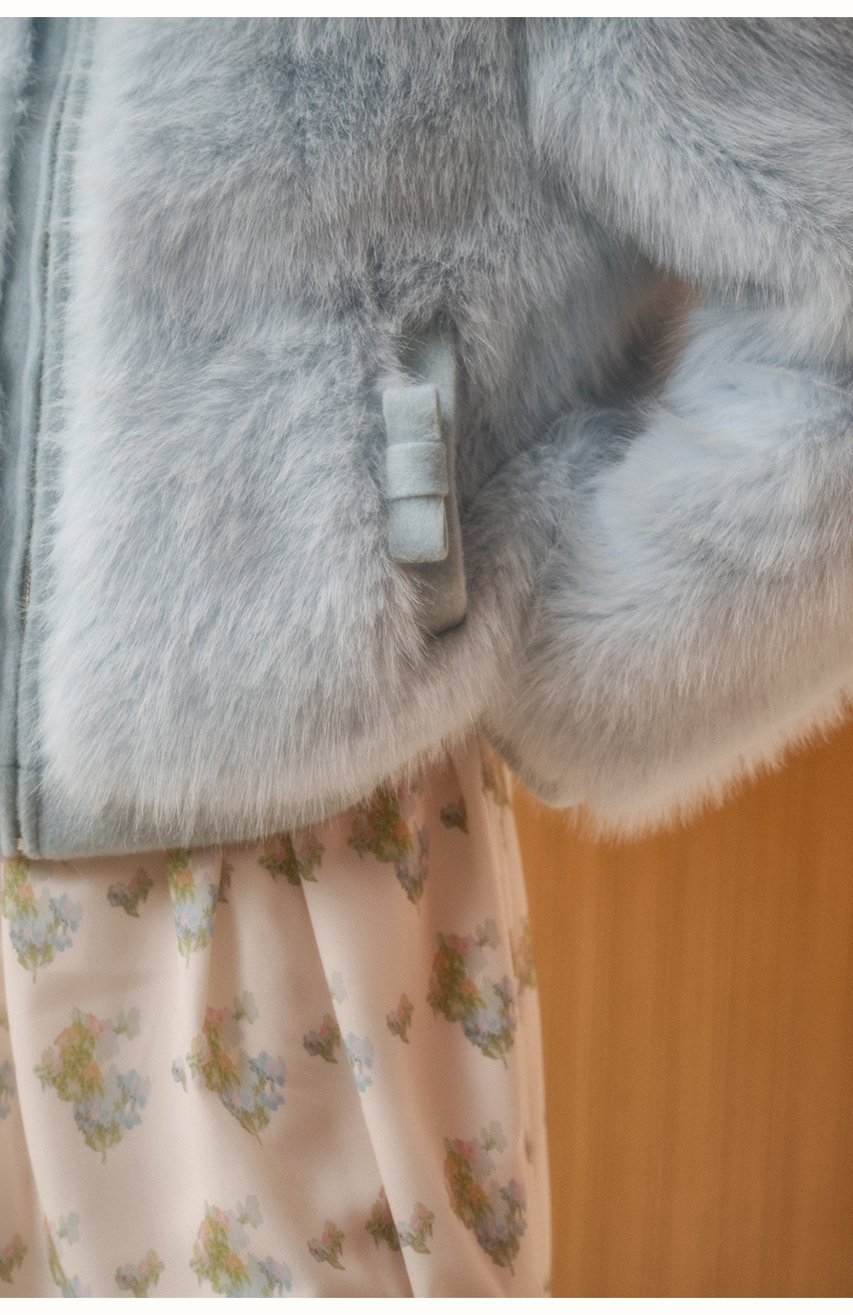 Fluffy Faux Fur Bow Detail Zip-Up Jacket