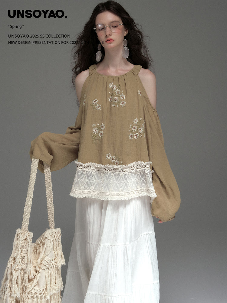 Cold-Shoulder Top With Floral Embroidery