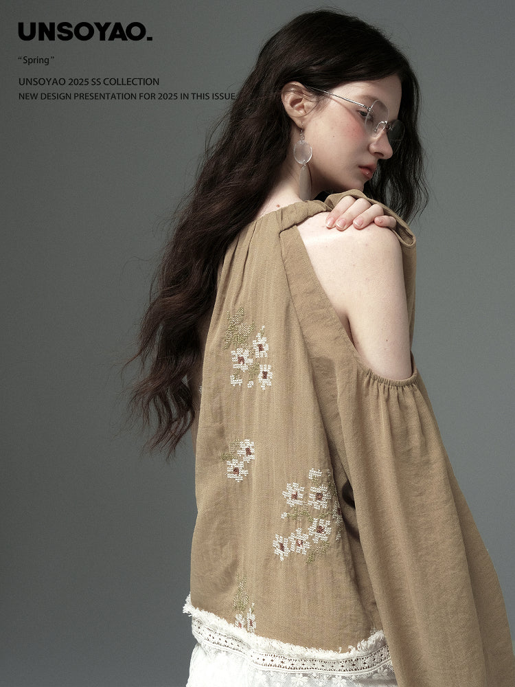Cold-Shoulder Top With Floral Embroidery