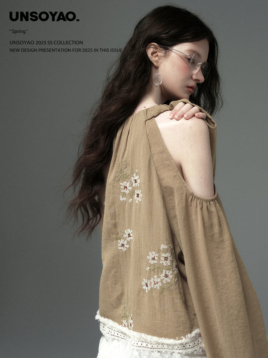 Cold-Shoulder Top With Floral Embroidery