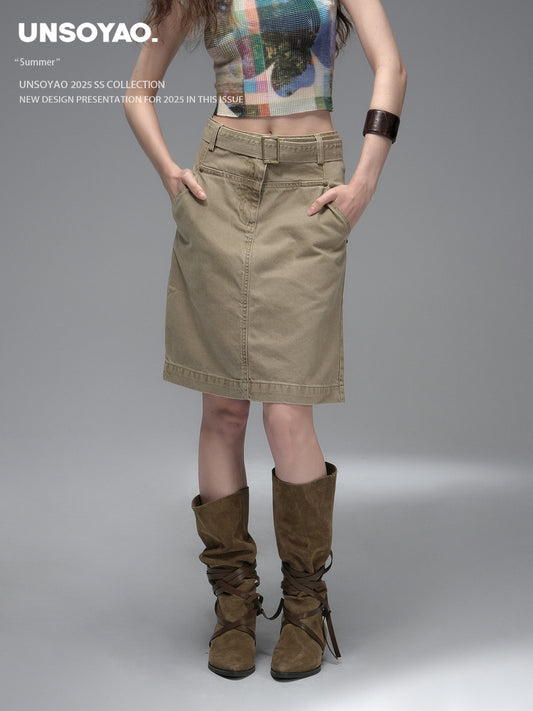 Belted Straight Cotton Midi Skirt