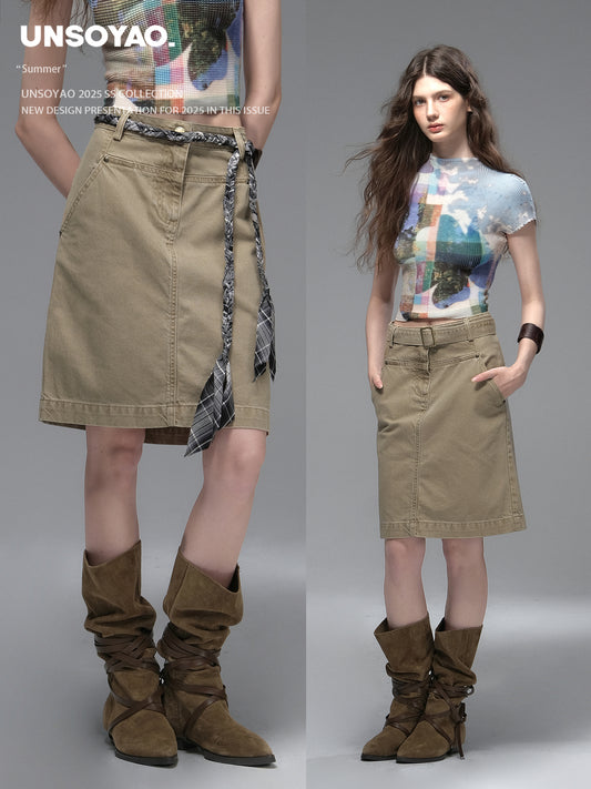 Belted Straight Cotton Midi Skirt