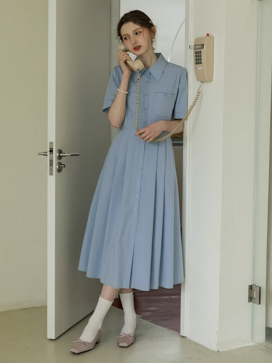 Flat-Collar Pleated Shirt Dress In Natural Fabric