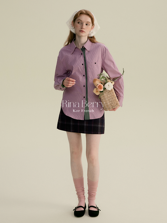 Curved-Hem Striped Shirt In Contrasting Tones