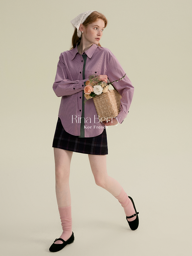 Curved-Hem Striped Shirt In Contrasting Tones