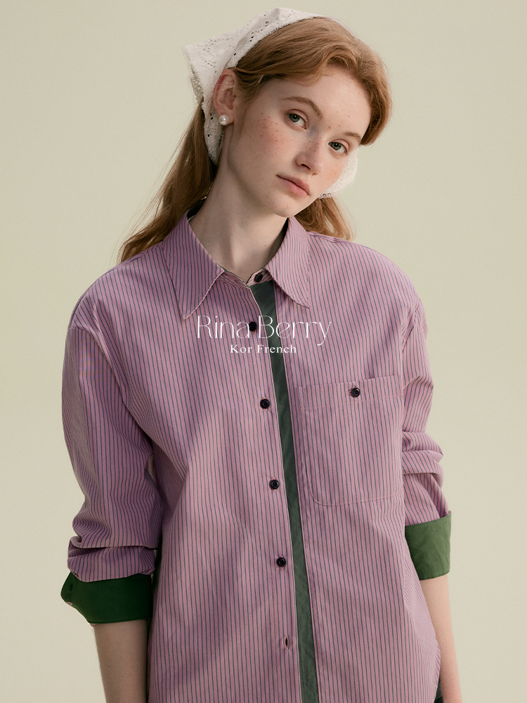 Curved-Hem Striped Shirt In Contrasting Tones