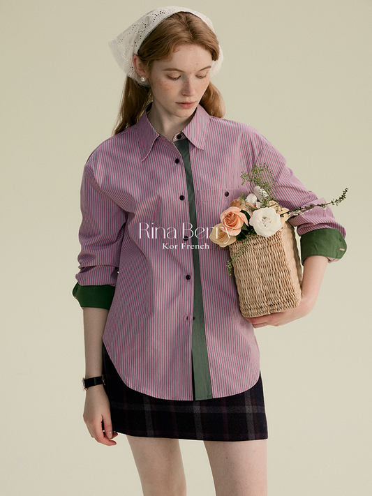 Curved-Hem Striped Shirt In Contrasting Tones