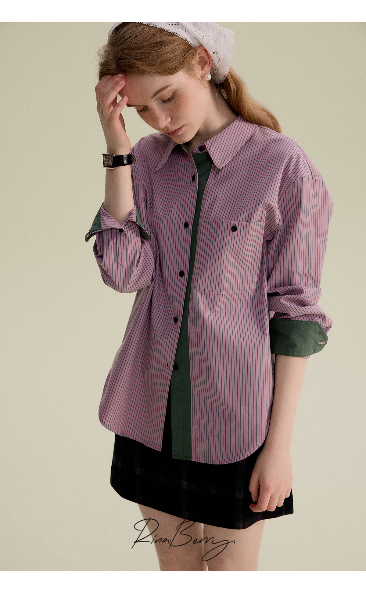 Curved-Hem Striped Shirt In Contrasting Tones