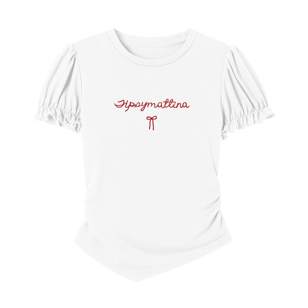 Puff-Sleeved Lettered Side-Ruched Top