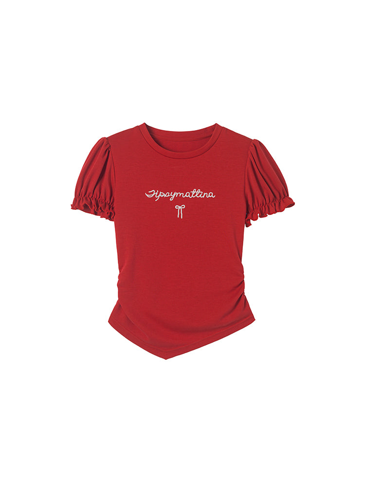 Puff-Sleeved Lettered Side-Ruched Top