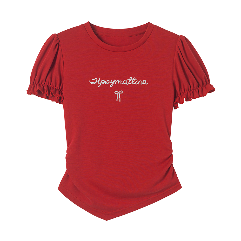 Puff-Sleeved Lettered Side-Ruched Top
