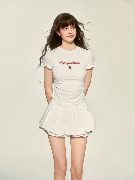 Puff-Sleeved Lettered Side-Ruched Top