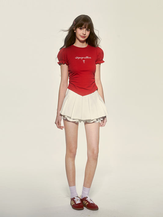 Puff-Sleeved Lettered Side-Ruched Top
