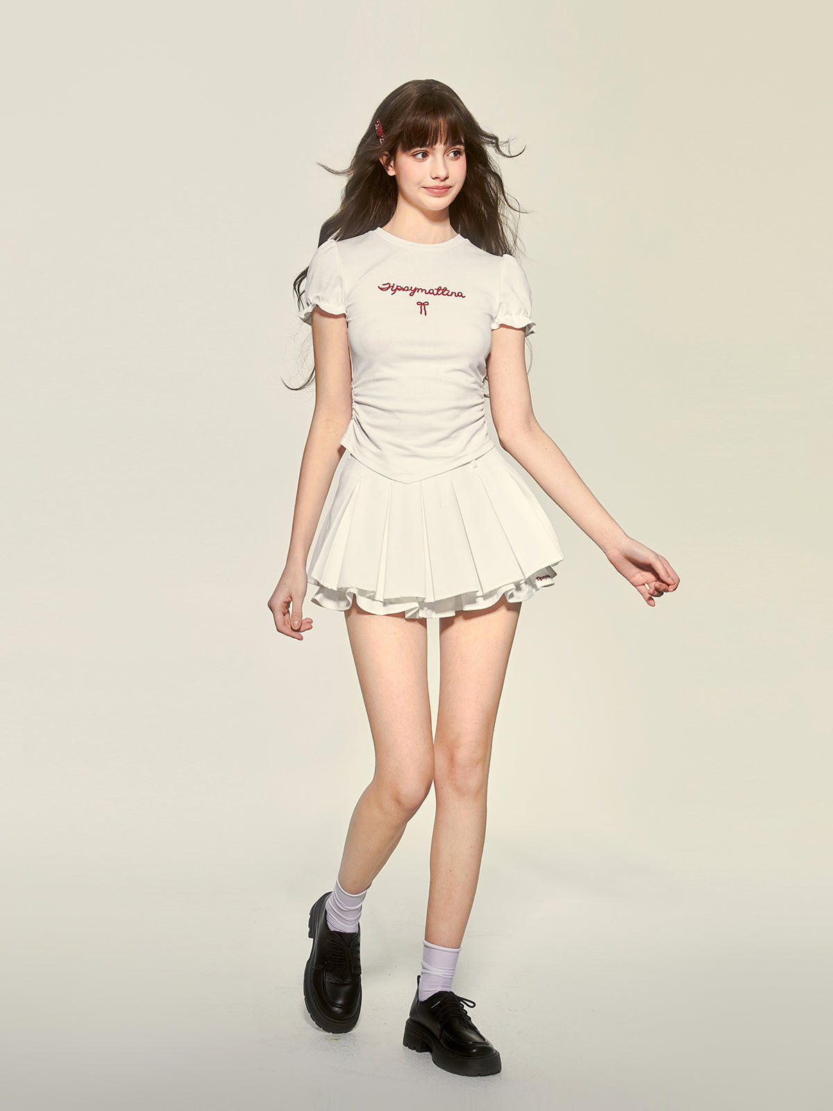Puff-Sleeved Lettered Side-Ruched Top