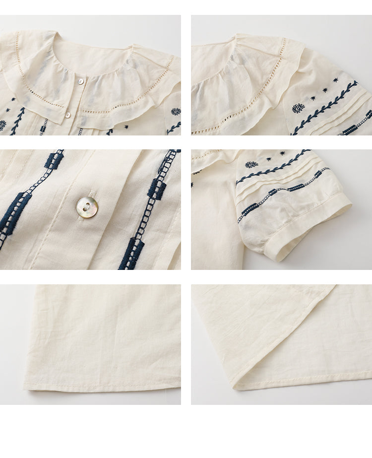 Tribal-Embroidered Bib Collar Cotton Gauze Blouse