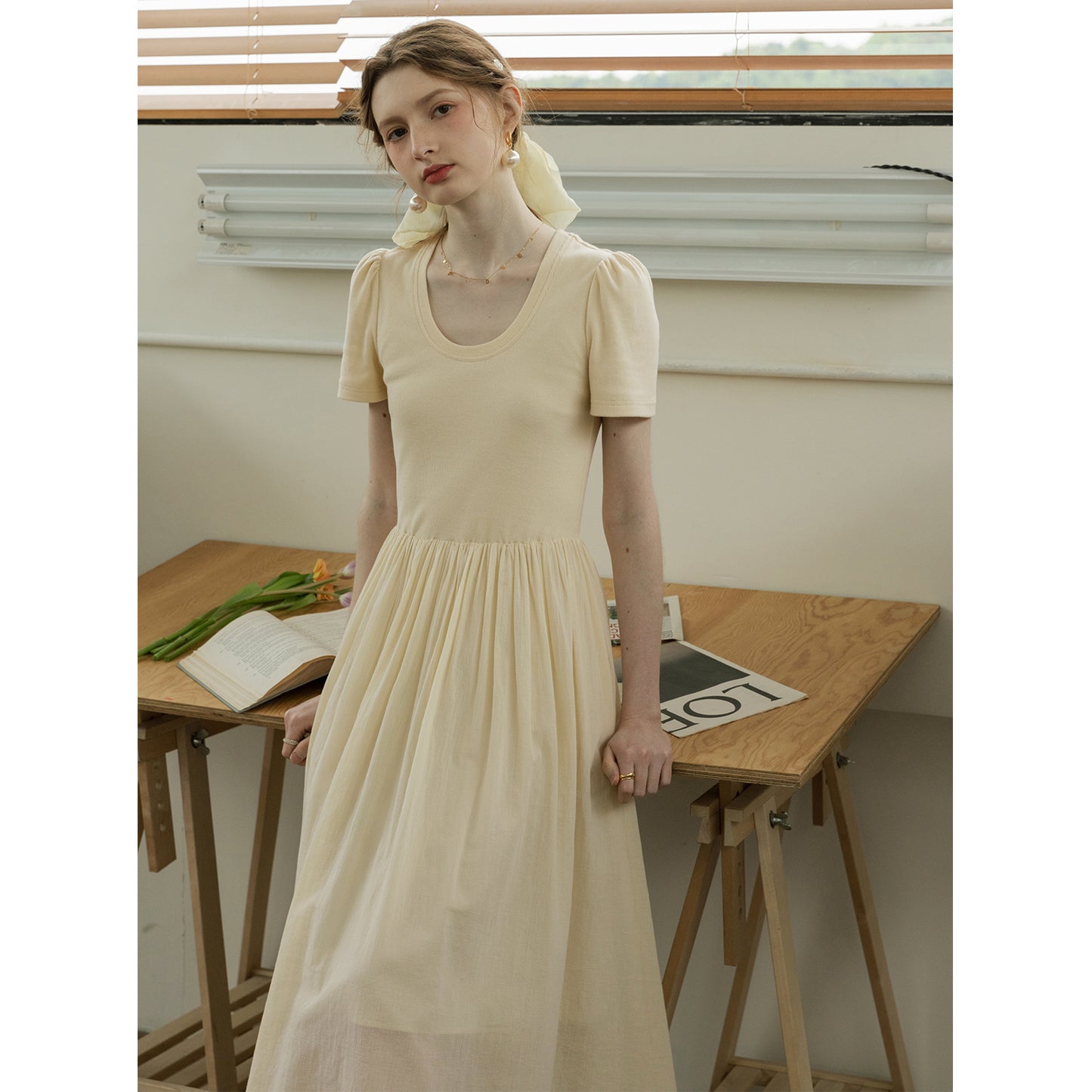 U-Neck Puff-Sleeve Draped Dress