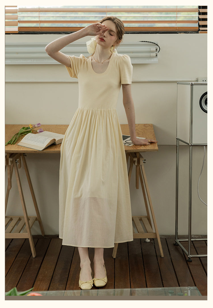 U-Neck Puff-Sleeve Draped Dress