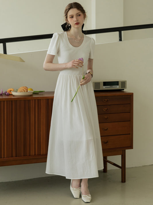 U-Neck Puff-Sleeve Draped Dress