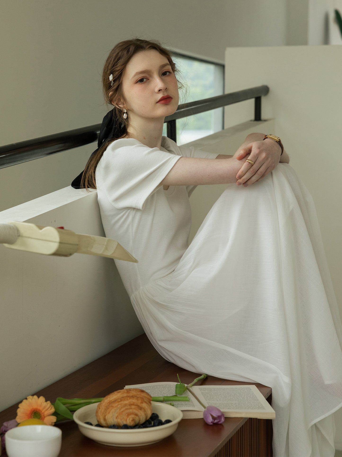 U-Neck Puff-Sleeve Draped Dress