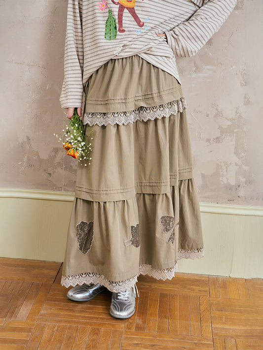 Tiered Maxi Skirt With Lace Patchwork