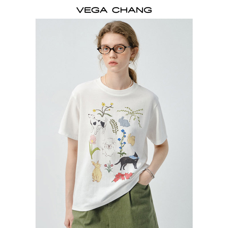 Flower Dog Printed T-Shirt & Denim Shorts